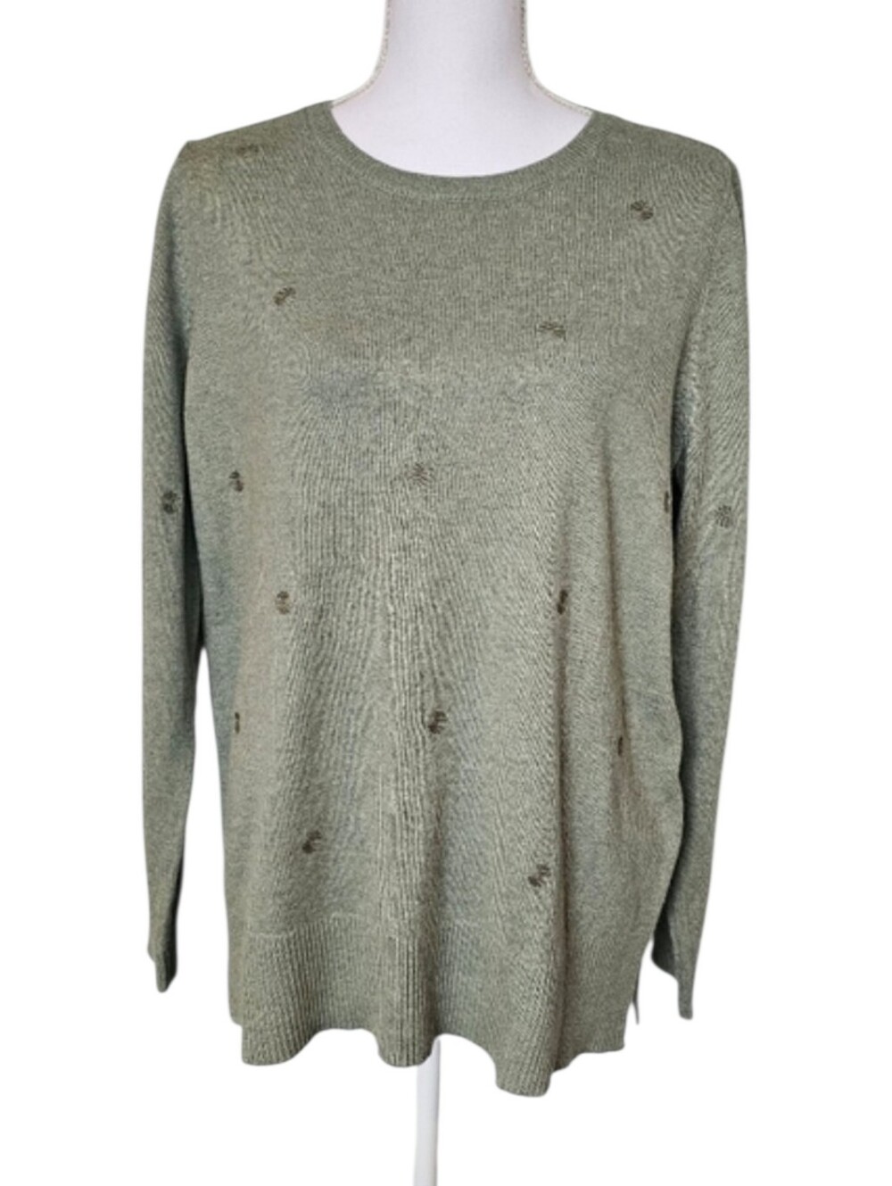 J Jill Olive Green  Embroidered Dots Crewneck Sweater Women's Size M Petite